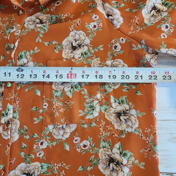 Pleione Floral Chiffon Button Up Blouse Top Feminine Relaxed Orange White XL - Picture 6 of 8